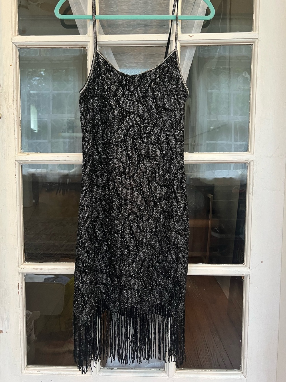 California Concepts Black Metallic Fringe Flapper Style Slip Dress